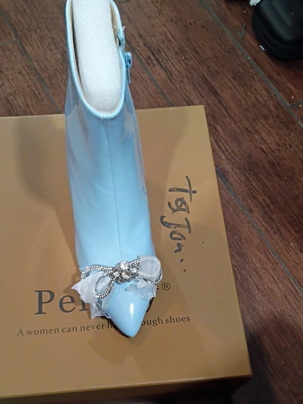Pearl-Embellished Light Blue Patent Pointed Ankle Boot - Women